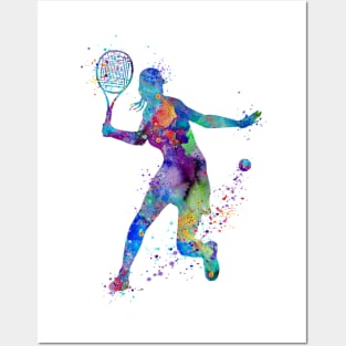 Girl Tennis Player Colorful Watercolor Posters and Art